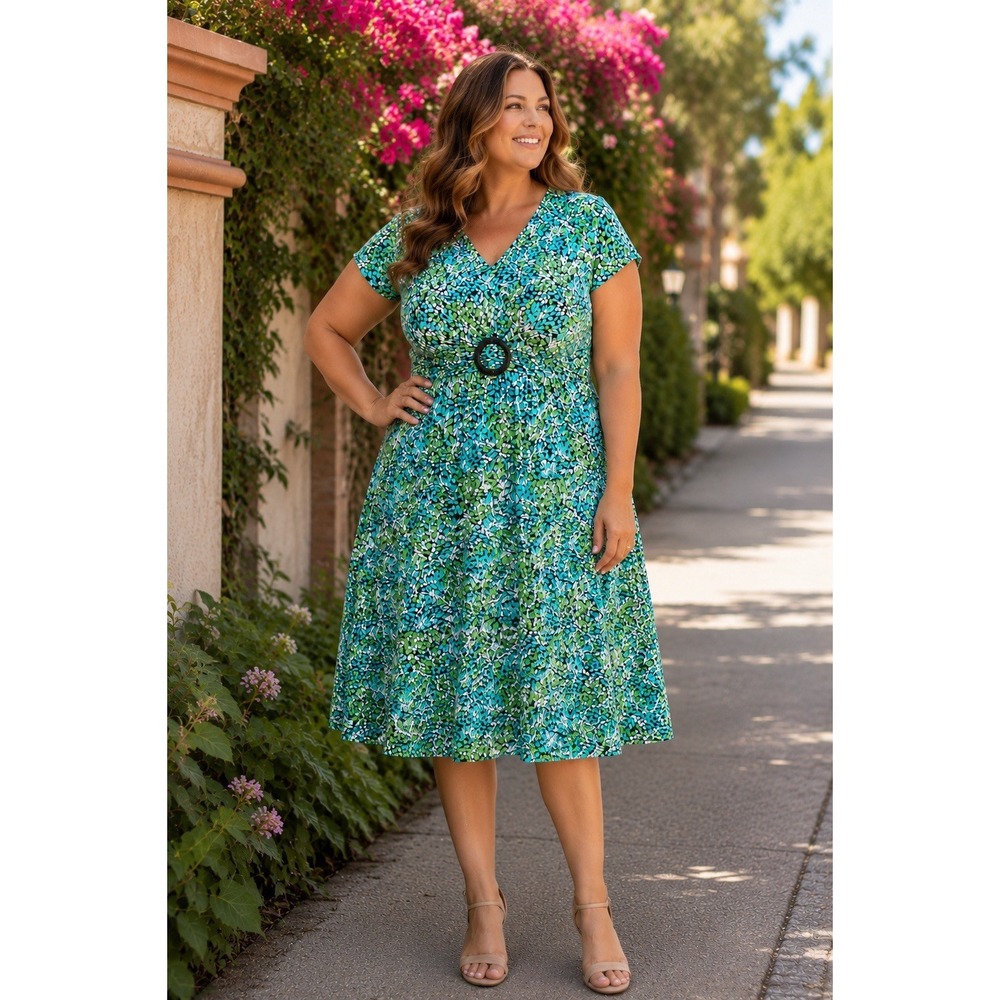 Studio I Women's Size 18 Green Blue Abstract Faux Wrap Dress Buckle Accent Lined